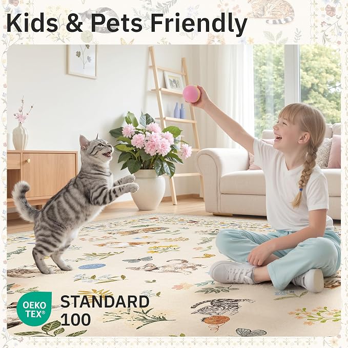 Soalmost Cat 9x12 Area Rugs for Living Room, Machine Washable Animal Floral