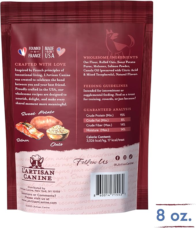 L'artisan Canine Barkerie Biscuits | Crunchy Dog Treats | French Recipes | Made in the USA | 8oz (Salmon)
