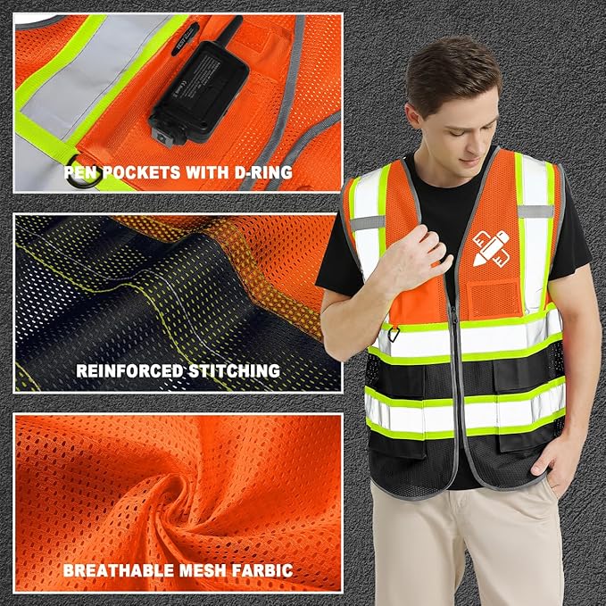 10 Pack Custom Safety Vest Customized Logo Mesh Vest Class 2 High Visibility Reflective Vest with Pockets Workwear（Orange Black，M ）