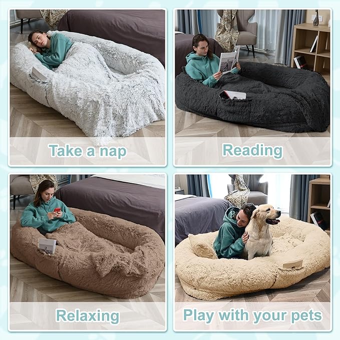 YAEM Human Dog Bed, 71"x45"x12" Calming Giant Human Size Dog Bed for Adults, Washable Faux Fur Orthopedic Napping Pet Beds with Non-Slip Bottom, Dark Grey