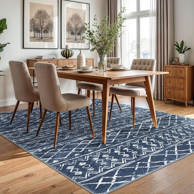 KUTA Area Rug 5x7 Navy Blue, Washable Boho Large Living Room Moroccan Rugs