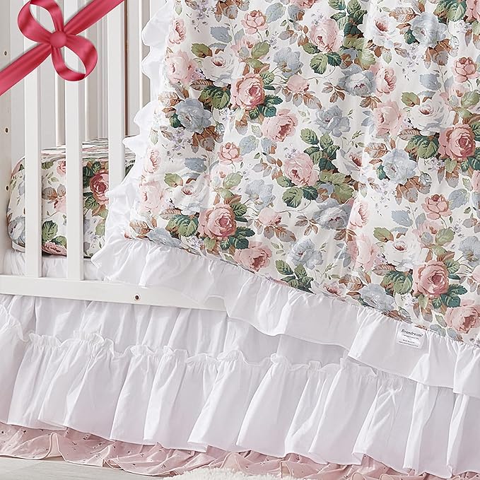 Brandream French Country Garden Floral Crib Bedding Sets for Girls Baby Nursery Bedding Set 3 Piece Ruffled Baby Quilt, Crib Sheet, Crib Skirt - White Blush Pink Green