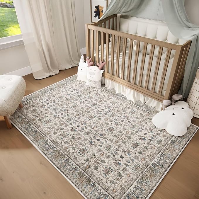Washable 3x5 Entryway Rug Indoor, Boho Non-Slip Silicone Backing Small Rugs for Kitchen Nursery Office Bedroom, 0.3" Neutral Oriental Throw Carpet with 0.16" Cushioning Pad, Cream/Multi