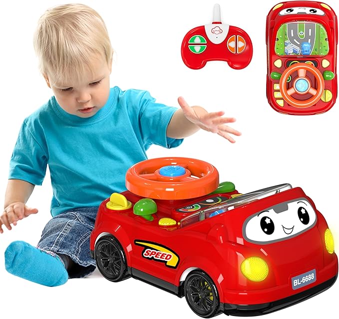 2-in-1 Toddler RC Car & Steering Wheel Toy with Music | Interactive Simulation Driving Adventure Toy for 18+ Months Baby Learning | Gift for 1.5+ Years Old Boys Girls