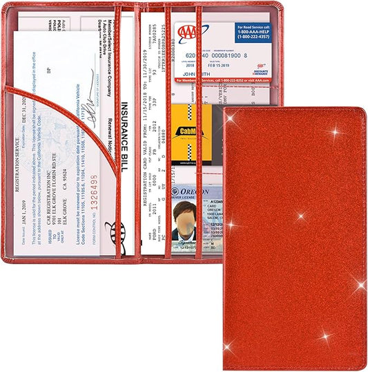 Cacturism Car Registration and Insurance Holder, Vehicle Glove Box Car Organizer Men Women Wallet Accessories Case with Magnetic Shut for Cards, Essential Document, Driver License, Bling Red