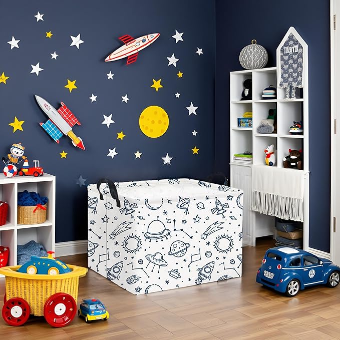 HIYAGON Rectangular Space Basket for Boys Kids Baby Storage Basket Storage Bin Organizer Box Room Decor(Spaceships)