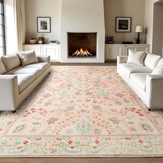 LOCHAS Washable Area Rugs 5x7, Pink Floral Rug for Living Room Bedroom Non Slip, Ultra Soft Vintage Indoor Carpet for Kids, Nursery, Dorm, Dining Room, Classroom, Boho Flower Home Decor, Low-Pile