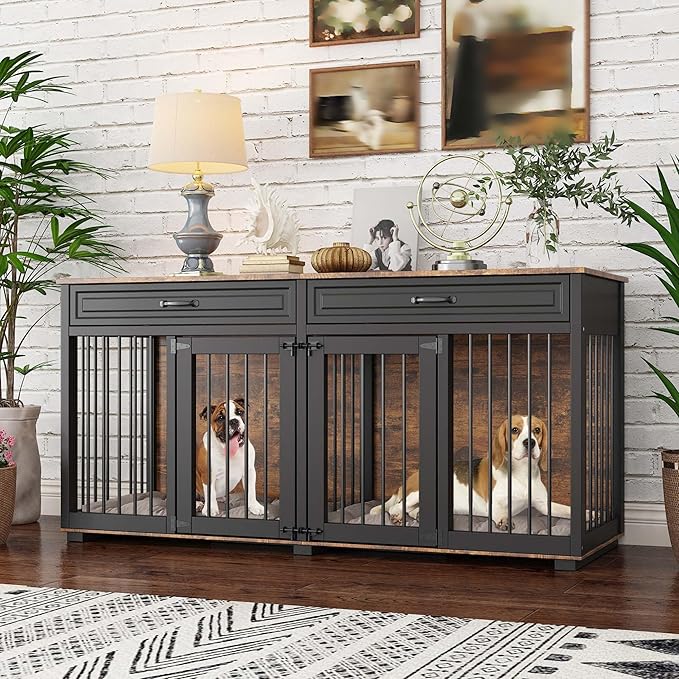 Furniture Style Dog Crate, 64.6 Inch Wooden Large Dog Kennel with Drawers & Divider, Indoor Dog House Furniture with Double Rooms for Medium Small Breeds, Brown+Black