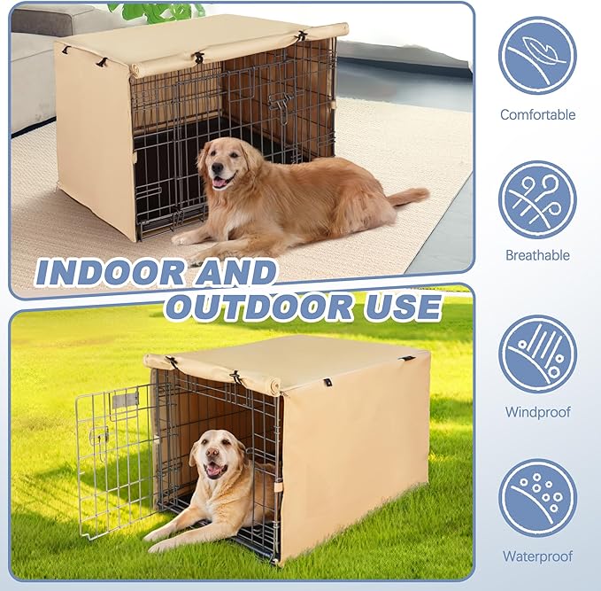 Dog Crate Cover - Double Door Waterproof Pet Kennel Cover, Durable 600D Polyester Protective Cage Cover for 24/30/36/42/48 Inch Dog Crate - Beige
