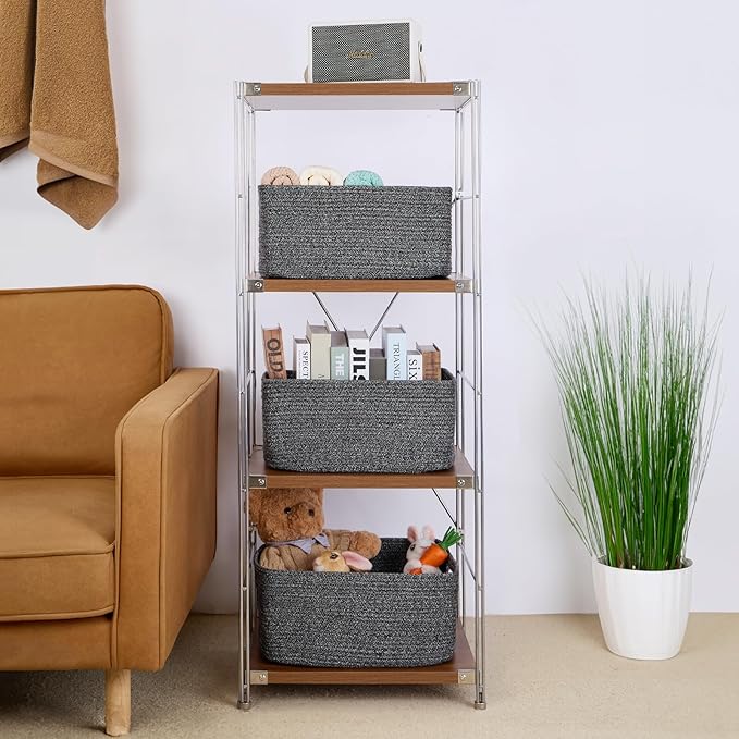 Large Storage Baskets for Organizing, Closet Shelf Baskets for Clothes Blanket Towels, Baby Nursery, Toy Bins Box, Woven Rope Baskets, 17 x 13 x 7.5”, 4 Packs Dark Gray