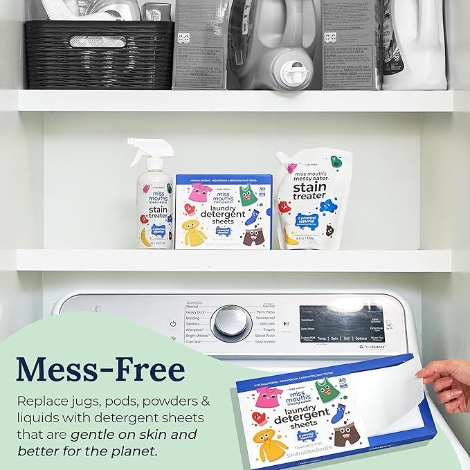 Miss Mouth's Messy Eater Laundry Detergent Sheets - Laundry Detergent, Hypoallergenic, Sensitive Skin Safe, Pediatrician and Dermatologist Tested, Fragrance Free, Travel Friendly, 60 loads