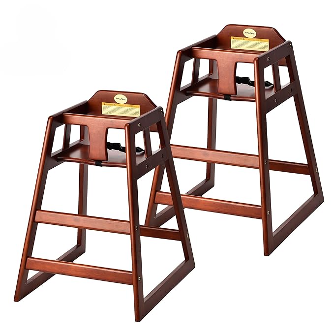 Alpine Wooden High Chairs for Babies and Toddlers with Safety Strap, Commercial Grade Restaurant High Chair, Durable Wood Space Saver Baby Feeding Chair, Ideal for Dining Spaces (2 Pack, Mahogany)