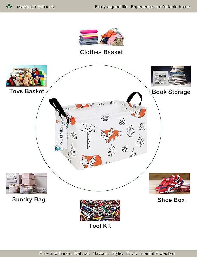 Rectangular Folding Laundry Basket,waterproof Canvas Basket,gift basket,Suitable for children's room,Office,Clothes,Toys Storage（Fox）