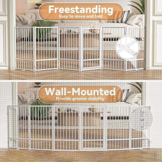 Full Metal Freestanding Dog Gate with Door, 36''Height Foldable Pet Dog Fence for Indoor & Outdoor, 6 Panels Extra Wide Free Standing TallDog Gates for Doorways,House,Stairs,Porch,Deck,Yard