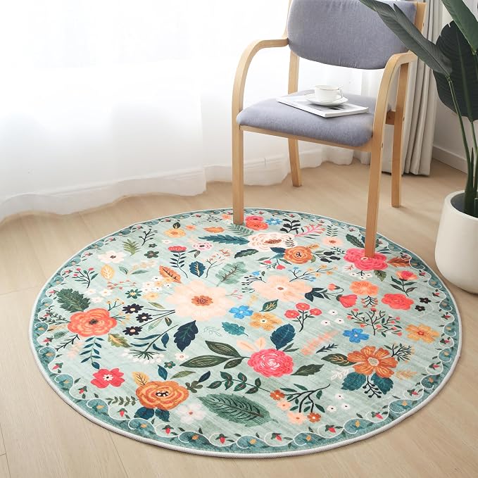 Rugcomf Round Rug 4ft Washable Circle Rug Non Slip Low Pile Boho Floral Small