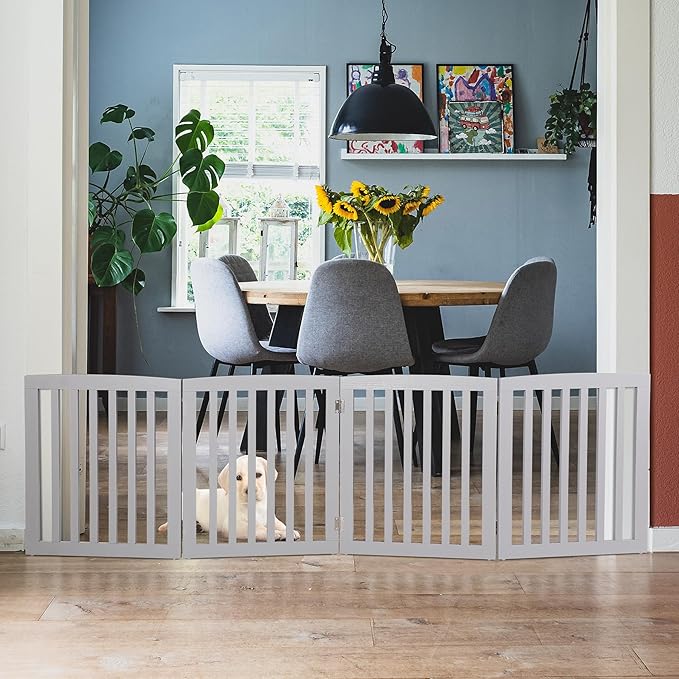 ZENY 24 Inch Pet Dog Gate, Foldable Freestanding Dog Door 4 Panel, White Wooden Z Shape Step Over Pet Fence for Entryway, Stairs, Doorway (Grey)
