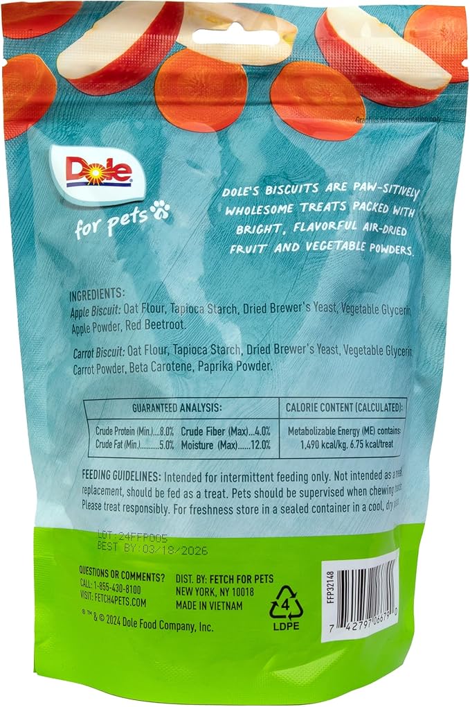 Dole for Pets Dog Biscuits Assorted Apple + Carrot Mix, Real Fruit and Vegetable Flavor Vegan Crunchy Treats, No Wheat Corn Soy or Artificial Additives, Bite Size Training Snacks for Dogs, 7 Oz
