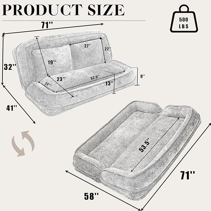 Double Human Dog Bed for Adult and Kids, Comfy Foldable Lazy Floor Loveseat Sofa Bed with 5 Adjustable Position, Upholstered Floor Bean Bag Lounger Chair for Bedroom, Living Room,Office (Dark Gray.)