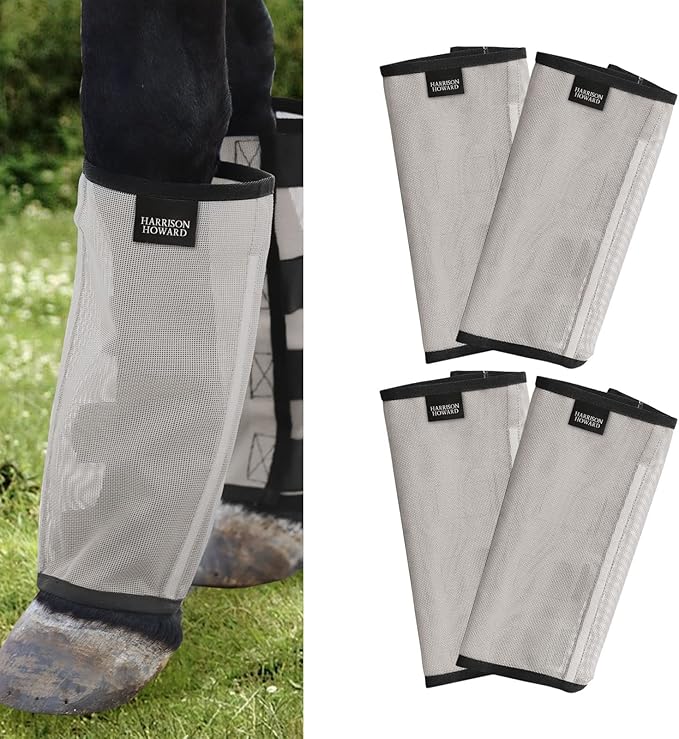 Harrison Howard Loose Fitting Fly Boots UV-Protective Extra Tough Mesh Ventilated Four Fasteners Stay-on Design Protect Horse Legs & Stomp-Reducing Set of 4 Silver Grey Pony