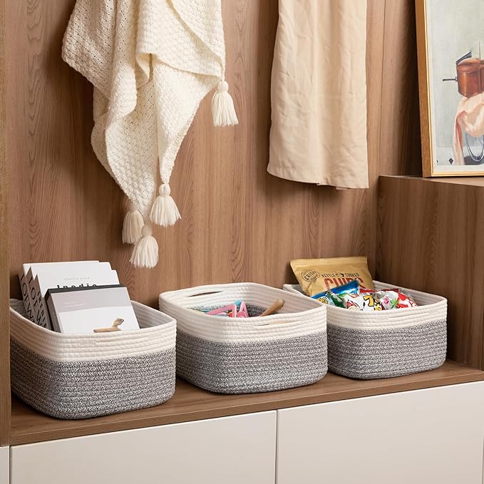 Storage Baskets for Organizing 3 Pack, Woven Baskets for Shelves, Closet Organizer Bins Empty Gift Basket Toy Storage for Toys, Books, Towels, Clothes, 15"x11.42"x6.7", Grey