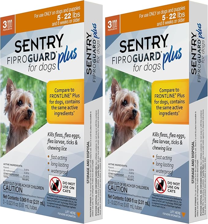 Sentry 3 Count Fiproguard Plus for Dogs Squeeze-On, 5-22-lbs (Pack of 2)