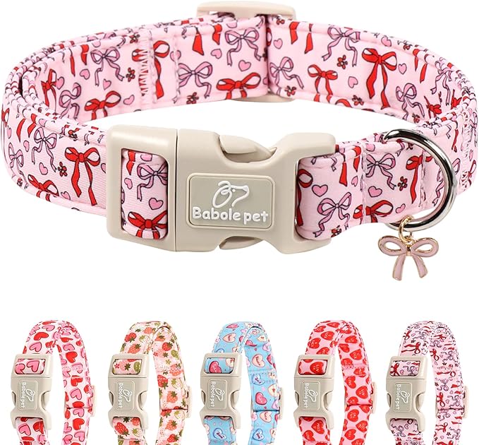 Girl Dog Collar for Small Dogs - Cute Heart Bow Print Girly Dog Collars, Soft Adjustable Spring/Summer Holiday Female Dogs Collar with Quick-Release Buckle S