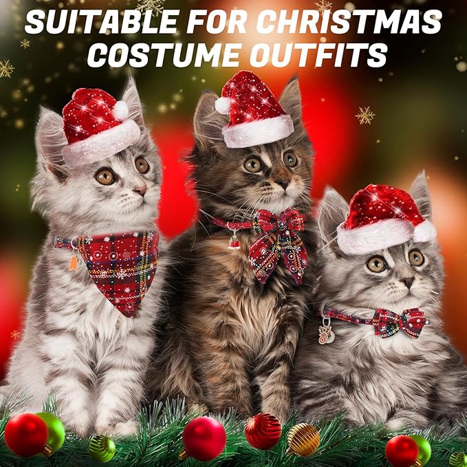 6 Pack Christmas Cat Collar with Bow Tie Bandana and Bell, Breakaway Adjustable Cat Bow Tie Collars, Xmas Accessories for Kittens Or Certain Puppies