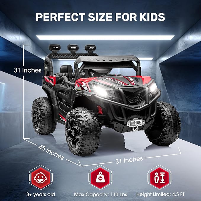 ANPABO 24V 4X4 Ride on Car Truck w/Remote Control, 4WD/2WD Switchable Kids UTV, 19" Spacious Seat, 4 Shock Absorbers, Soft Start, Music Player, Electric Car for Kids Ages 3+(Red)