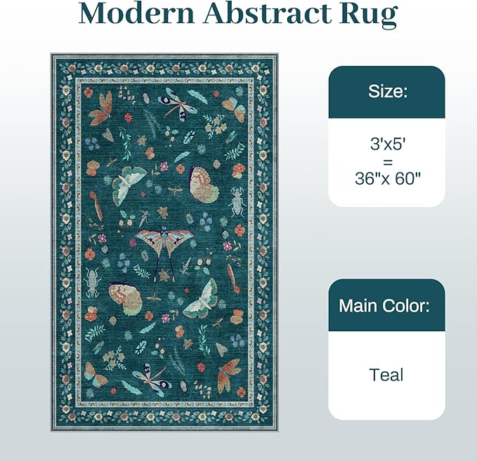 3x5 Washabl Rug with Insect Print - Bug Rug Non-Shedding Stain Resistant Soft Small Carpet for Bedroom, Low Pile Ultra-Thin Machine Washable Carpet for Nursery,Entrance, Office (3'x5' Teal)