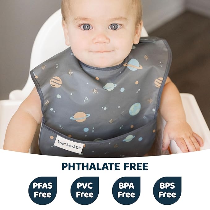Tiny Twinkle Mess Proof Baby Bibs for Eating - Waterproof, Wipeable Bibs - Toddler Bibs - Travel Friendly - PFAS, PVC, BPA, Phthalate Free - Baby Food Bibs(3 Pack, Space)