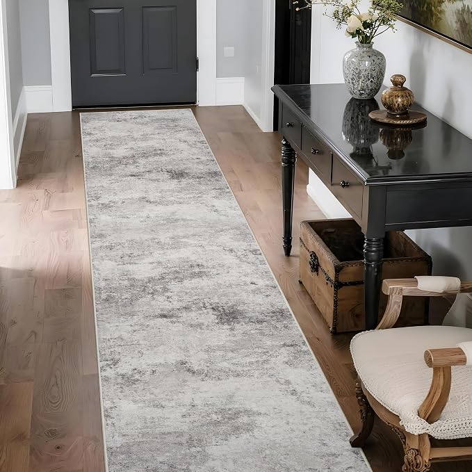 Grey Abstract 2x10 Washable Non-Slip Hallway Runner Rug | Soft Stain Resistant