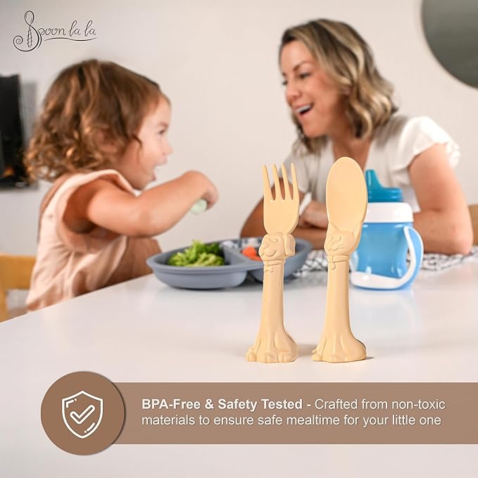 Made in USA Spoon la la Toddler Utensils Set - 6 Pack (3 Spoons & 3 Forks for Kids) - Self-Standing 3D Ergonomic Cat & Dog Handles - BPA-free, Dishwasher Safe, Baby Silverware (Pink, Yellow, Mint)
