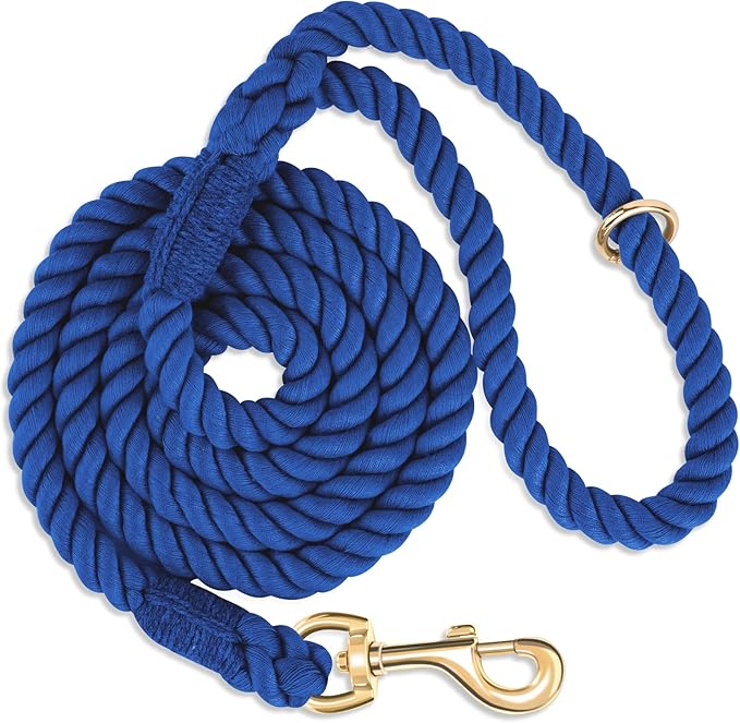Dog Leash 5 FT Handmade Braided Cotton Rope Leashes for Small Medium and Large Dogs, New Golden Heavy Duty Metal Clasp, Navy Blue