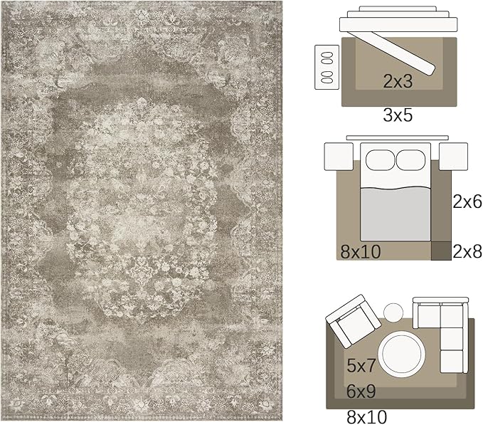 jinchan Washable Area Rug 6x9 for Living Room - Soft Faux Wool Ultra-Thin Stain Resistant Non-Slip Distressed Vintage Floral Large Carpet for Bedroom,Dining Room,Home Office,Nursery(Brown, 6'x9')