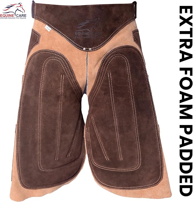 Equine Care Farrier Apron Chaps – Cowhide Suede Leather, Foam Padded Thigh and Back Support, Adjustable Waist, Tool Pockets, Magnetic Nail Holders (27 inches (70 cm))