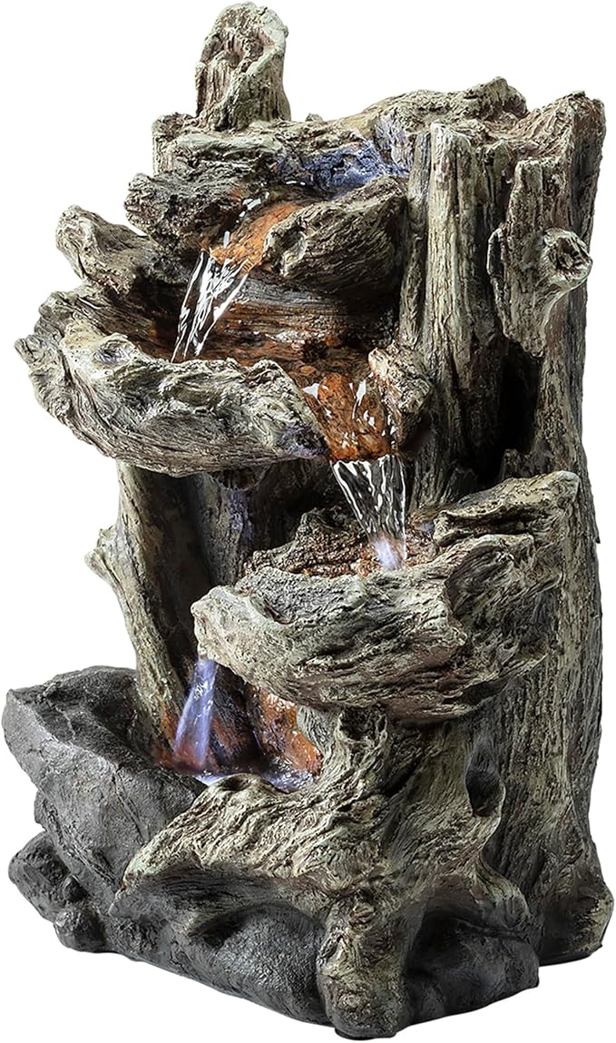 Alpine Corporation | 14"H Indoor Tiered Log Tabletop Fountain with LED Lights — Cascading Waterfall Design Creates Relaxing Ambiance for Home & Office Décor