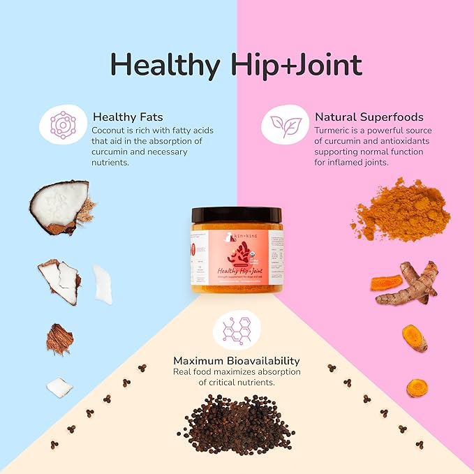 kin+kind Hip+Joint Supplement Dogs & Cats - Vet Formulated Natural Formula with Organic Turmeric, Black Pepper and Coconut- Made in USA - Bundle (3 x 8 oz)
