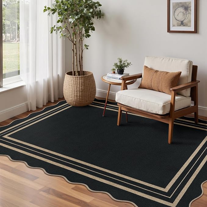 Modern Easy Jute 4x6 Outdoor Patio Rug, Washable Indoor Black Kitchen Rugs