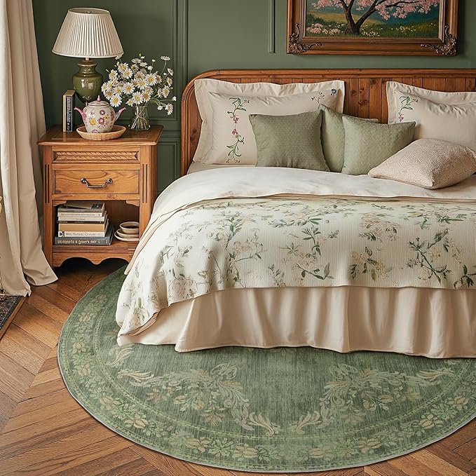 jinchan Round Rug 6ft Area Rugs Vintage Floral Distressed Design,Machine Washable Soft Non-Slip Low-Pile Ultra-Thin Circle Rug for Bedside Living Room Dining Room Bedroom (6' Round, Dark Green)