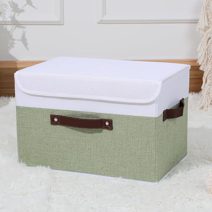 ANMINY Storage Boxes with Lids Washable Decorative Storage Bins Basket with PU Leather Handle Foldable Linen Fabric Storage Cubes Containers for Home Closet Organizer - Green White, Large Size
