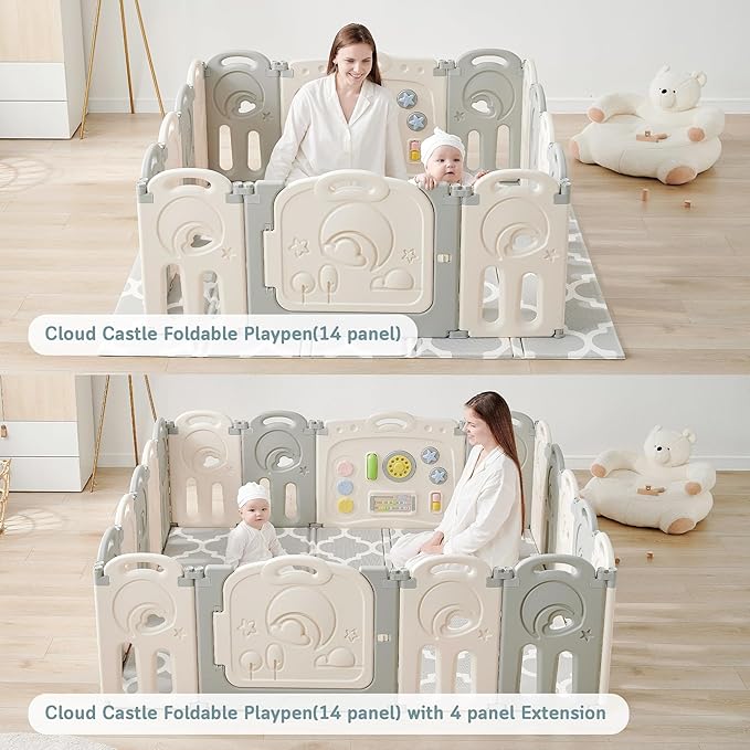 Fortella Cloud Castle Foldable Playpen, Baby Safety Play Yard with Whiteboard and Activity Wall, Indoors or Outdoors (Gray, 14 Panel)