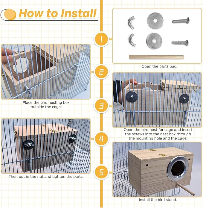 PINVNBY Parakeet Nesting Box Bird House for Cage Wood Mating Box Bird Breeding Box for Lovebirds, Cockatoo, Budgie, Finch, Canary Small and Medium Sized Birds (L:9.8 * 5.3 * 5.3 inch)