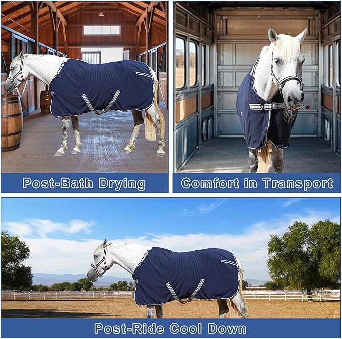 Horse Fleece Cooler, Blanket Liner - 300g Anti-Pilling Fleece, Moisture-Wicking, Cooling & Drying for Post-Workout, Bath & Travel, Prevent Overheating & Chilling Navy 81