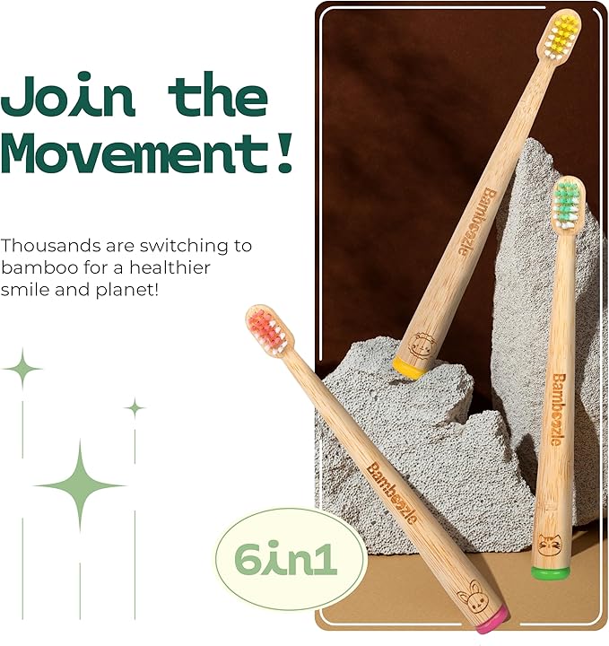 Bamboozle Eco-Friendly Animal Toothbrushes for Kids - Sustainable Bamboo Design, Biodegradable & Stylish Oral Care Solution, Animal Design, Pack of 6