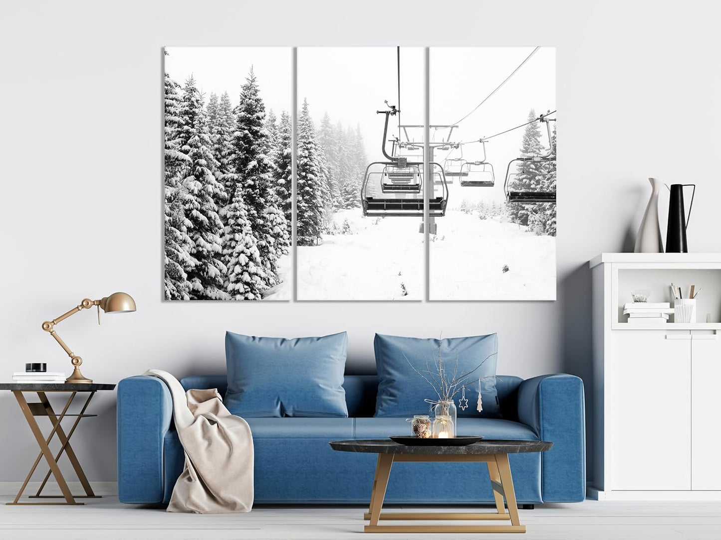Nature Wall Art Prints - Ocean Forest Mountain Lake Canvas Landscapes - Small to Extra Large Living Room Bedroom Kitchen Bathroom Décor (Ski Lift on Snowy Mountain, 47L" x 71W" - 3 panels)