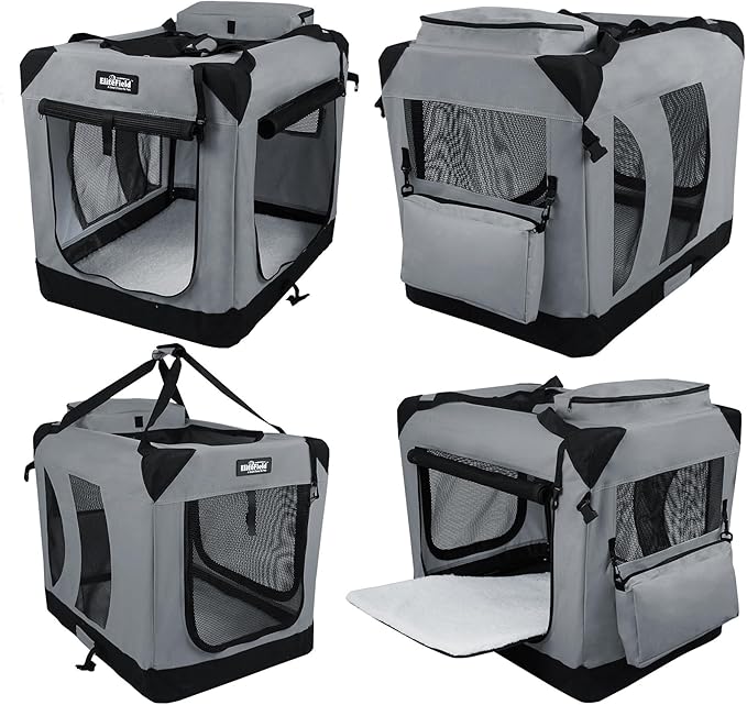 EliteField 3-Door Folding Soft Dog Crate with Carrying Bag and Fleece Bed (2 Year Warranty), Indoor & Outdoor Pet Home (24" L x 18" W x 21" H, Light Gray)