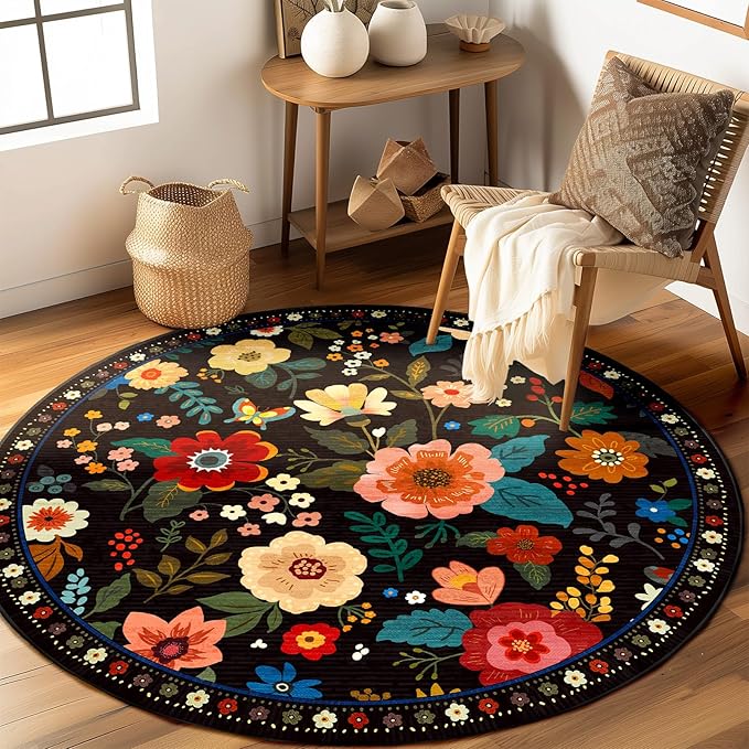 Floral 6ft Area Rug Machine Washable Soft Print Boho Carpet Non Slip Doormat Low Pile Flower Area Rugs for Living Room Bedroom Nursery Kitchen Dining Room Indoor-Black