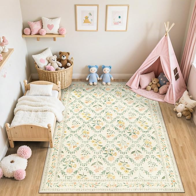 6x9 Area Rugs for Living Room: Floral Washable Rug Vintage Large Soft Boho Non-Slip Carpet Indoor Stain Resistant Thin Carpets for Bedroom Dining Room Farmhouse Nursery Hallway Home Office Beige/Multi