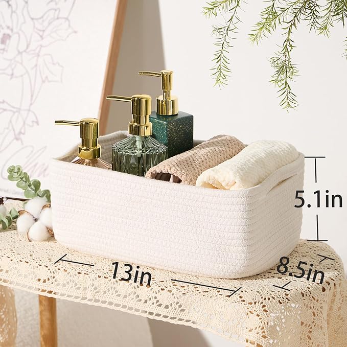 Small Storage Baskets for Organizing | Closet Organizer Bins | Shelf Toy Basket | Woven Rope Baskets | Cube Decorative Box | Shallow Basket | 13x8.5x5.1” | 4 Packs Off White