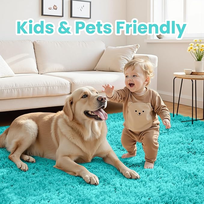 8x10 Area Rugs for Living Room Rug: Soft Fluffy Shag Teal Blue Rugs for Bedroom